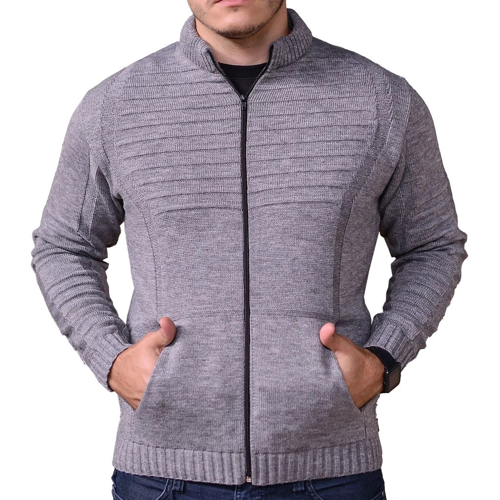 Cardigan Masculino em Tricot com Zíper Frontal e Bolsos
