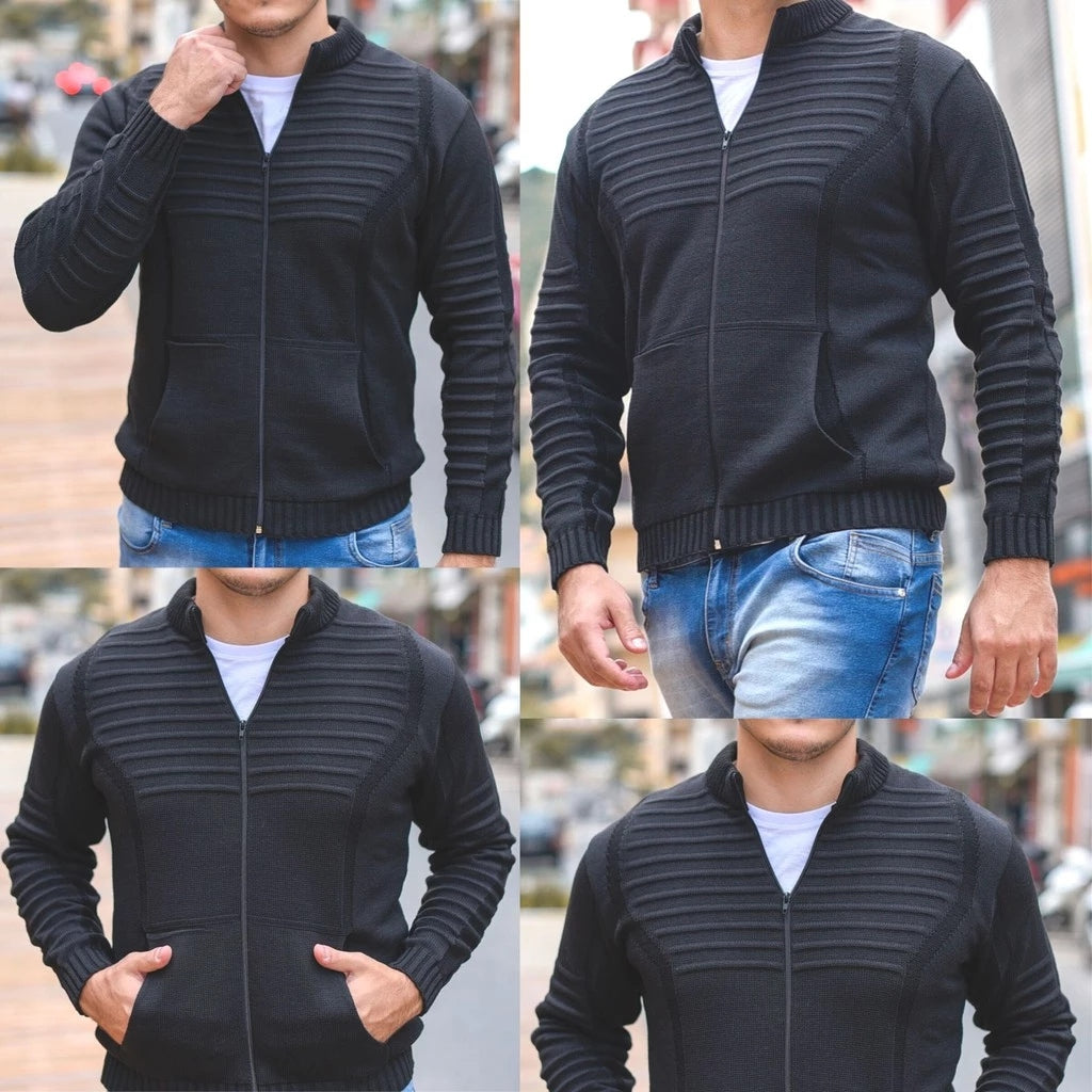 Casaco Masculino de Lã Tricot com Zíper e Bolsos