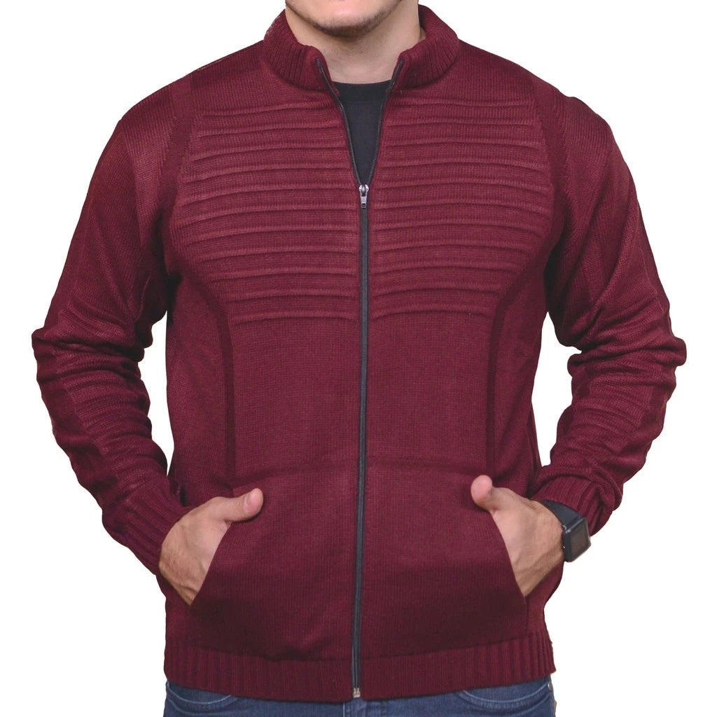 Casaco Masculino de Lã Tricot com Zíper e Bolsos
