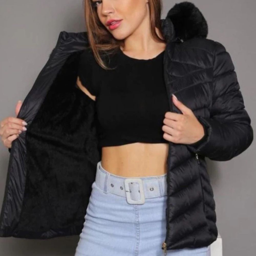 Jaqueta Feminina Puffer com Capuz e Forro de Pelúcia Térmico