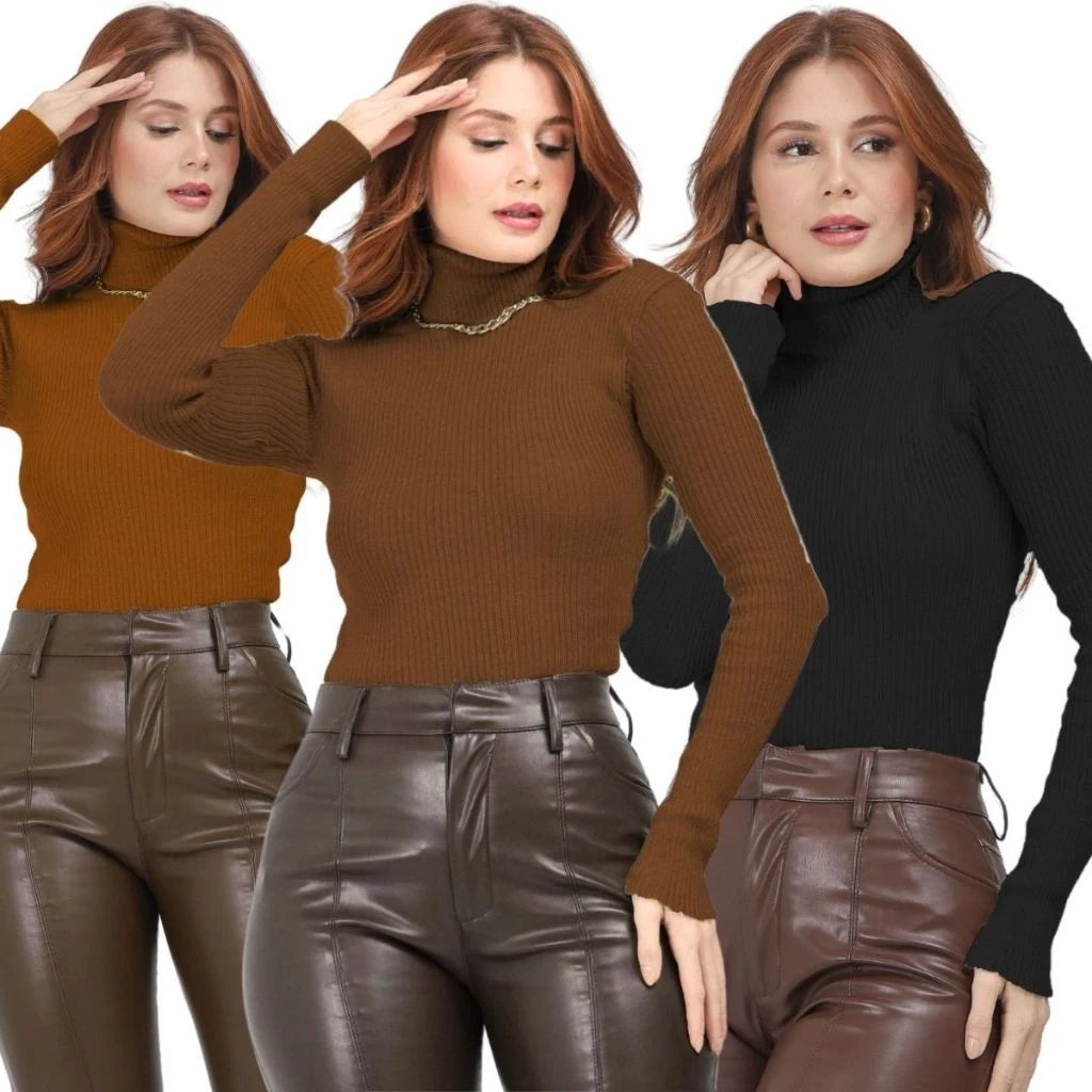 Kit com 3 Blusas de Frio Feminina em Tricô com Gola Alta