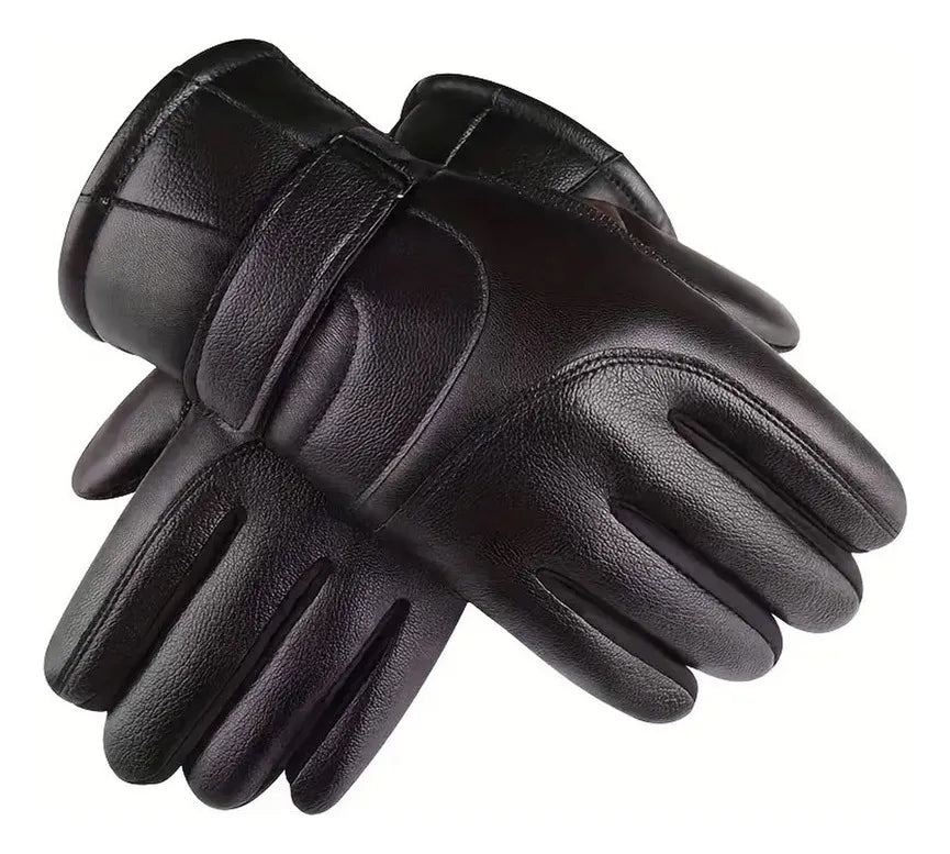 Luva de Couro Impermeável Térmica com Touch para Motoqueiro