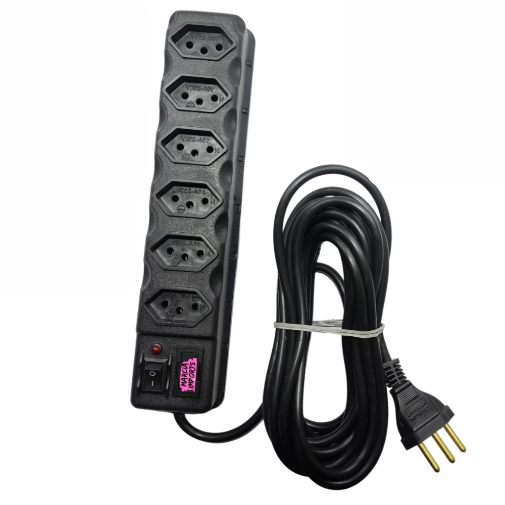 Régua de Tomadas Tripolar com Fusível 6 Entradas 10A