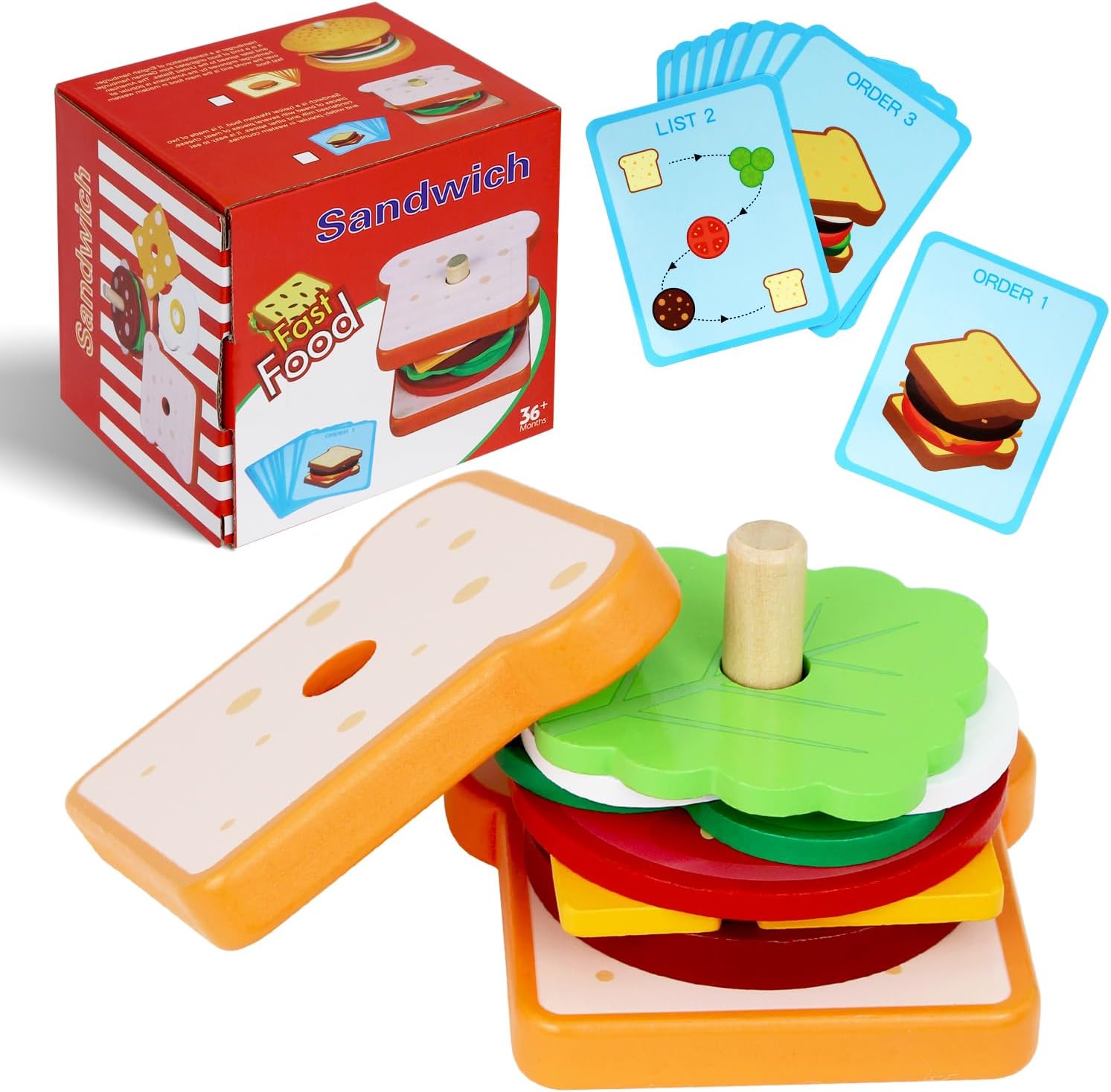 Brinquedo Educativo de Madeira Montessori – Sanduíche de Empilhar com Cartas de Comida para Crianças