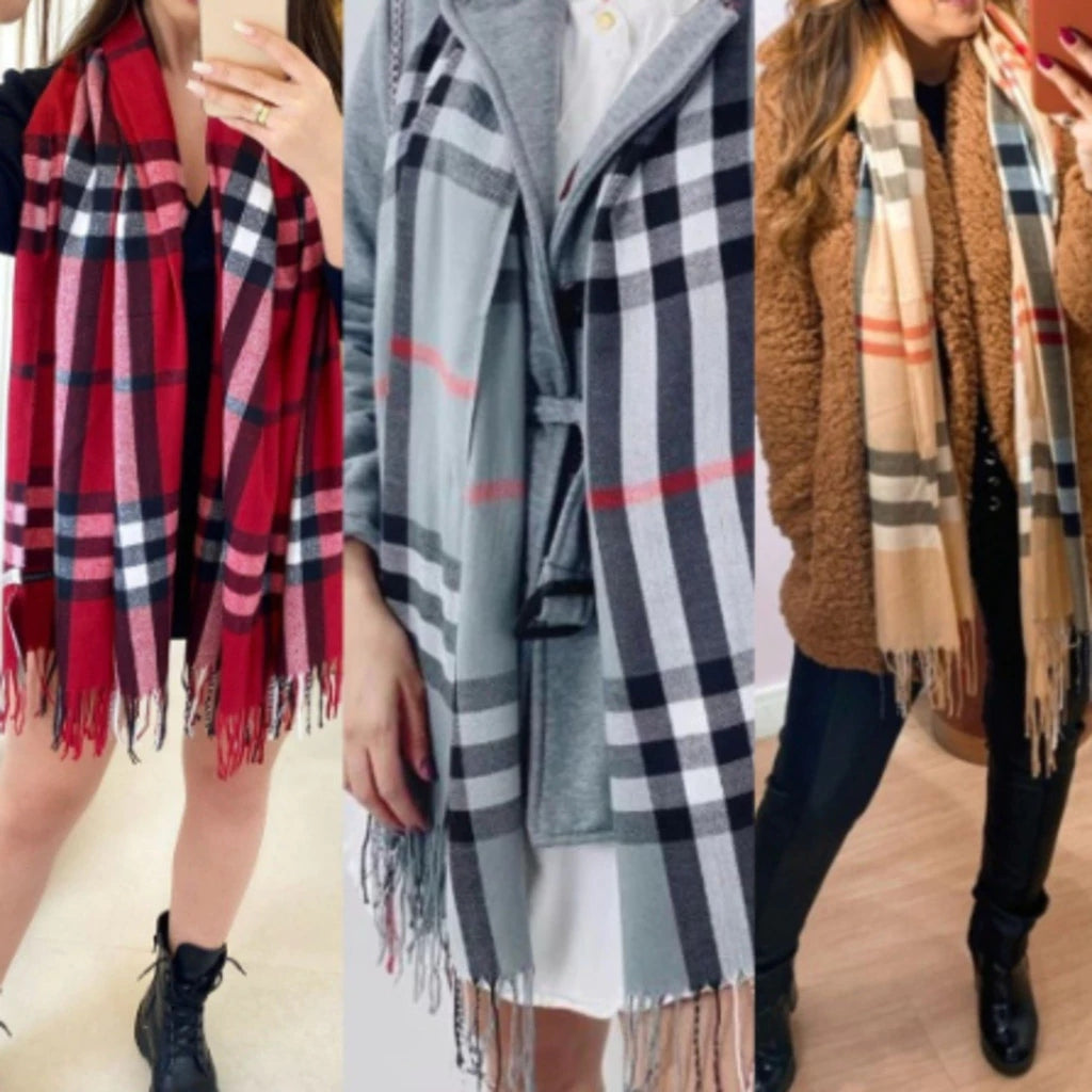 Cachecol Unissex Xadrez Clássico com Franjas para Inverno