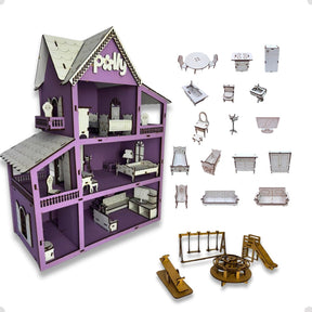 Casinha de Boneca em MDF – 19 Móveis e Parquinho Infantil Completo