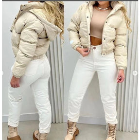 Jaqueta Puffer Feminina de Couro Forrada com Capuz