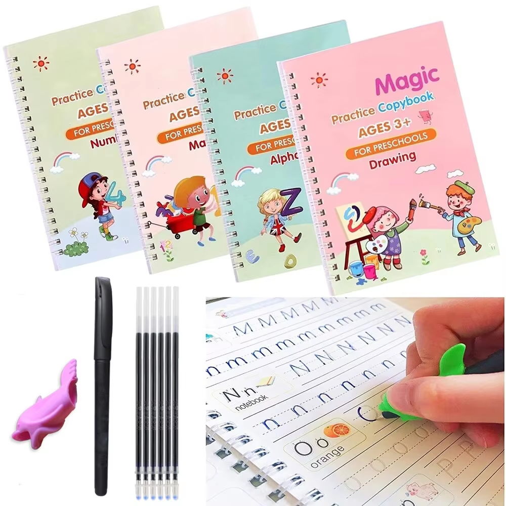 Kit 4 Livros de Escrita Mágica Infantil – Cadernos Reutilizáveis Montessori para Alfabeto, Números, Matemática e Desenho