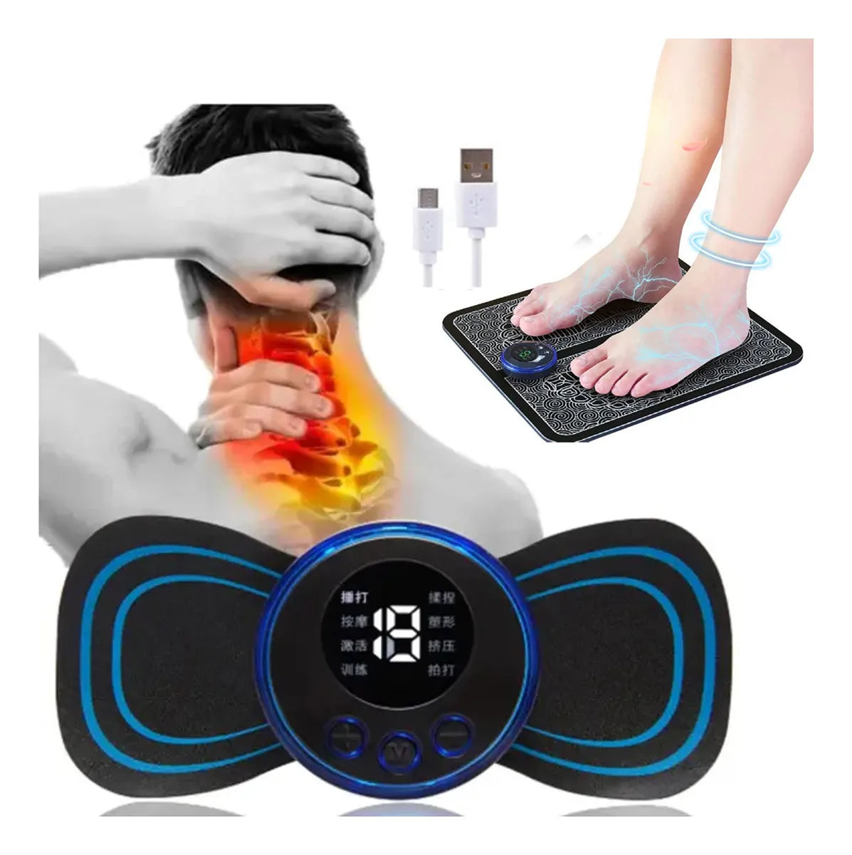 Kit Massageador Elétrico Portátil + Tapete Massageador para Pés e Corpo