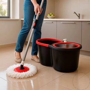 Mop Giratório com Cesto em Inox + 2 Refis – Cabo 140 cm e Rodinhas