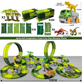 Pista Elétrica Infantil com Dinossauros – Brinquedo Educativo de Montar com Carros, Loopings e Acessórios Interativos